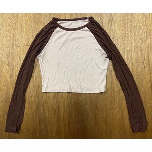 Shein White Brown Long Sleeve Cropped Cotton Blend Stretch Tee Women's Medium